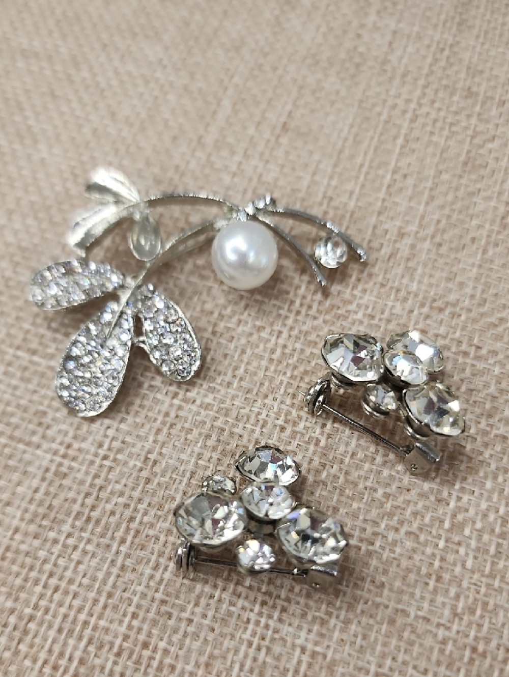 Silver Tone Floral Brooch Pin Set Rhinestone Faux Pearl 3 Piece